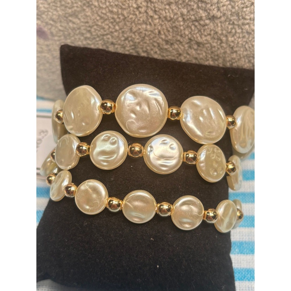 #9. Three Faux Pearl Stretch Bracelets with Gold Beaded Accents